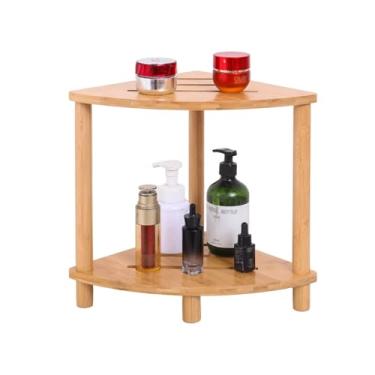 Imagem de FDHUIJIA Banco de chuveiro de canto de bambu, banco de chuveiro impermeável de 2 camadas para pernas de barbear internas, espaços pequenos, assento de banho (setor)