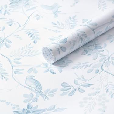 Imagem de Dimoon Papel de parede autoadesivo à prova d'água 919,5 x 43,9 cm, design de pássaro floral azul claro para decoração de sala de estar