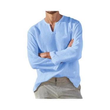Imagem de Camisa Casual Masculina De Algodão E Linho Leve Com Decote Em V E Mang