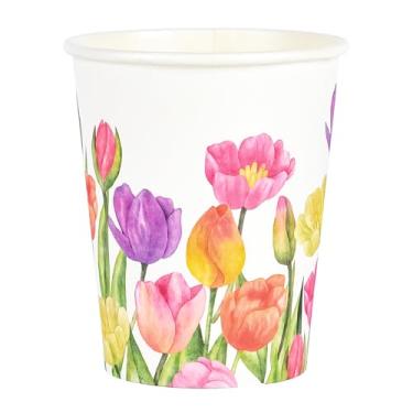 Imagem de AimFun 100 Peças De Copos De Papel Com Flores De Tulipa, Copos Descartáveis Para Festa, 9 Oz, Flores De Jardim De Verão, Café, Copos Para Bebidas, Chá De Bebê, Chá, Festas De Aniversário E Eventos