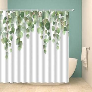 Imagem de Conjunto de cortinas de chuveiro folhas verdes aquarela folha de eucalipto primavera plantas ramo tecido branco dourado decoração de banheiro ganchos 180 x 210 cm/LxA cortina de banho