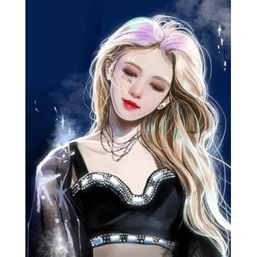 Imagem de BDYLYS Kit de tinta rosa preta por números para adultos com tintas e pincéis, tela não tecida sem moldura, 40 x 50 cm, arte temática K-Pop DIY para iniciantes, ideal para decoração de parede de casa e