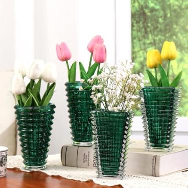Imagem de MCMCNCUIU Conjunto de 4 vasos de flores de cristal, vasos de vidro para centros de mesa, vasos verdes para flores, vaso pequeno para sala de estar, quarto, cozinha, escritório, casamento