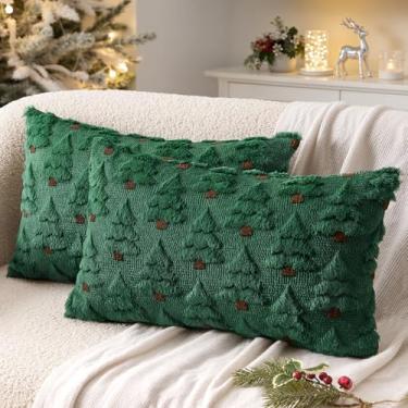Imagem de MIULEE Capas de almofada decorativas para árvore de Natal, capas de almofada de lã sintética, conjunto de 2 almofadas de sofá, decoração de casa para sofá, sala de estar, cama, 30 x 50 cm, verde