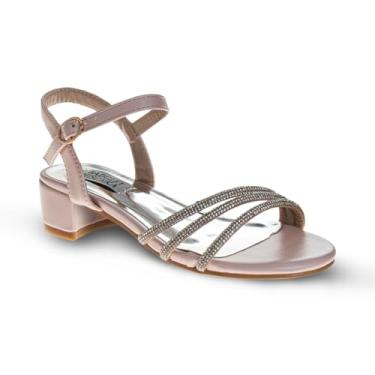 Imagem de Josmo Sandália social elegante para meninas, metálica, tira no tornozelo, salto bloco sandália para crianças pequenas e grandes, rosa, 15