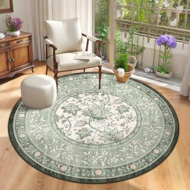 Imagem de GarveeHome Tapete redondo verde sálvia botânico de 1,8 m, círculo pequeno, vintage, cottagecore, macio, antiderrapante, lavável, para sala de estar, quarto, berçário, cozinha, tapete retrô