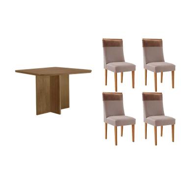 Imagem de Sala Jantar Mesa Berlim Tampo Curvo 90cm+4 Cadeiras Jaspe Madeira Naturale - Capuccino/Linho Capuccino - Rufato