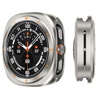 Imagem de Suphart Capas de metal compatíveis com Samsung Galaxy Watch Ultra (2025/2024) 47 mm, capa protetora de aço inoxidável com moldura traseira para Galaxy Watch Ultra, titânio/laranja