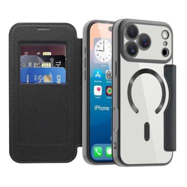 Imagem de Capa tipo carteira com tampa magnética para iPhone 17/17 Air/17 Pro/17 Pro Max, capa de couro galvanizado com protetor de câmara, ranhuras para cartões finos e íman forte (Black, 17 Air)