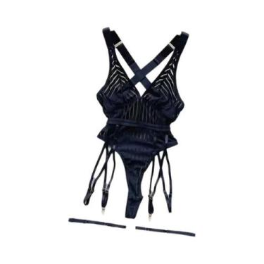 Imagem de Body Feminino Preto Sem Alças, Costas Vazadas, Listrado, Lingerie Sexy