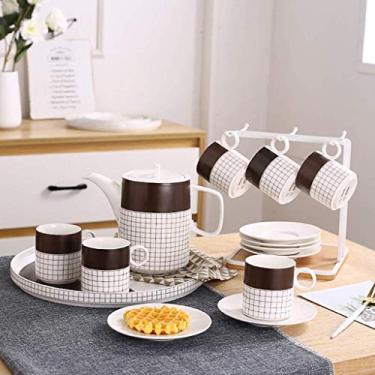 Imagem de Conjunto de chá de cerâmica retrô europeu de 15 peças com suporte de metal, conjunto de xícaras de chá de porcelana, para casamento (cor: marrom) (marrom)