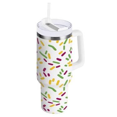 Imagem de Blueangle Copo isolado de confetes Mardi Gras de 1,134 g com alça e tampa de palha, caneca de viagem reutilizável de aço inoxidável (608)