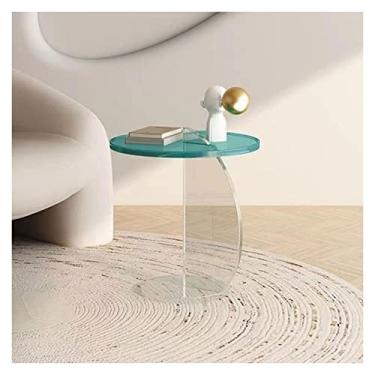Imagem de Mesa de canto de acrílico moderna, mesa lateral redonda, mesa de centro pequena, mesa de cabeceira moderna com moldura de acrílico transparente para sala de estar, quarto e saguão, simples (azul)