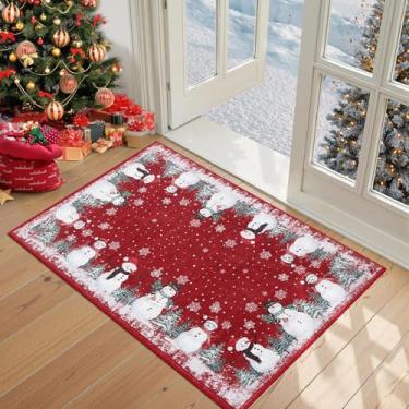 Imagem de Tapete de Natal para quarto pequeno 5 x 7 cm para decoração de flocos de neve de Natal para sala de estar tapete antiderrapante para cozinha, berçário, corredor, berçário, vermelho