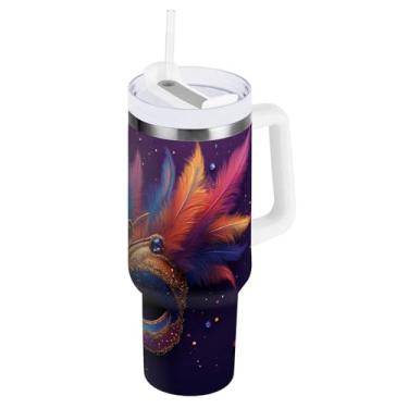 Imagem de Blueangle Copo isolado de máscara colorida de carnaval de 1,134 g com alça e tampa de palha, caneca de viagem reutilizável de aço inoxidável (203)