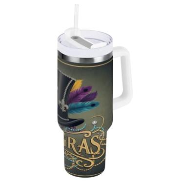 Imagem de Blueangle Copo térmico vintage de 850 g para carnaval com alça e tampa de palha, caneca de viagem reutilizável de aço inoxidável (987)