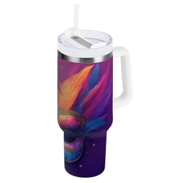 Imagem de Blueangle Copo isolado de máscara colorida Mardi Gras de 1,134 g com alça e tampa de palha, caneca de viagem reutilizável de aço inoxidável (209)
