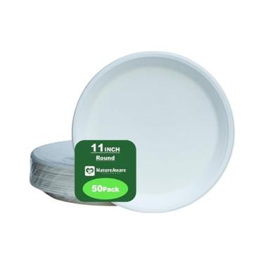 Imagem de NatureAware Pratos de papel branco redondos premium de 28 cm [pacote com 50] - 100% compostáveis e ecológicos descartáveis, resistentes, sem PFA, feitos de bagaço de cana (pratos redondos de 28 cm)