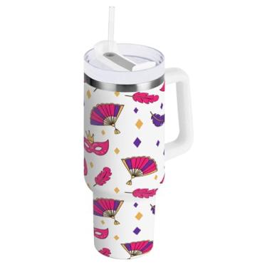 Imagem de Blueangle Copo isolado carnaval carnaval 1,134 g com alça e tampa de palha, caneca de viagem reutilizável de aço inoxidável (566)