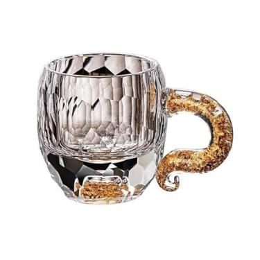 Imagem de x3anggyt5 Luxuosos copos de vidro de cristal transparente, pequenos copos de café com textura de diamante, com alças requintadas, 60 ml (ouro)