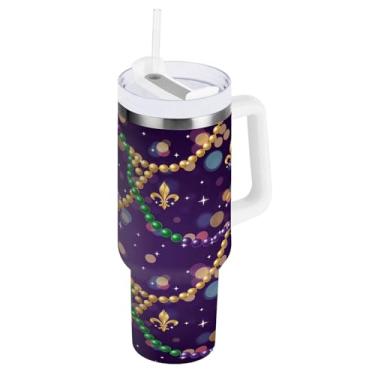 Imagem de Blueangle Copo isolado com contas metálicas brilhantes de 1,134 g Mardi Gras com alça e tampa de palha, caneca de viagem reutilizável de aço inoxidável (650)