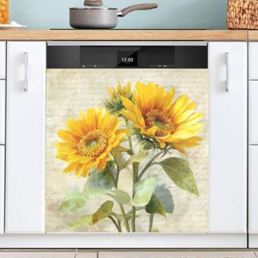 Imagem de Flor Girassóis Folhas Bege Impressão Ímã Máquina de Lavar Louça Capa Decorativa Reutilizável Decalque Capa de Máquina de Lavar Louça Decalque para Aparelhos Domésticos Armários Painel 58 x 66 cm