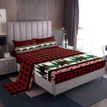 Imagem de jejeloiu Jogo de lençol Queen com estampa de urso, xadrez, estampa estética, quadriculado, para crianças, meninos e meninas, lençol com elástico alto, rústico, vida selvagem, respirável, macio e leve