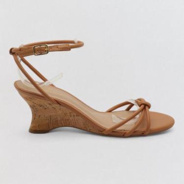 Imagem de Sandália Feminina Sapato da Corte Anabela Média Tiras Nó, S nude, 37