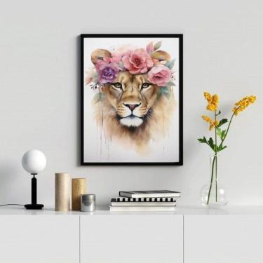 Imagem de Quadro Decorativo Leoa Coroa Flores 24x18cm Madeira Branca