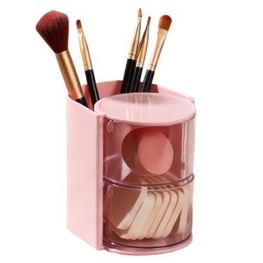 Imagem de Organizador de acessórios de cabelo transparente de 2 camadas (rosa) com suporte de escovas de cabelo, pequena caixa de joias rotativa para clipe de cabelo, colares de brinco, pincel de maquiagem