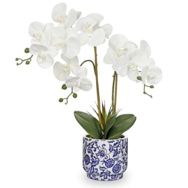 Imagem de Briful Orquídea artificial de flores artificiais de 49,8 cm, arranjo floral de seda branca com vaso de cerâmica azul e branco, planta de orquídea falsa para decoração de mesa de jantar em casa,