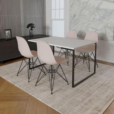 Imagem de Mesa Industrial Base Ferro Preto 137X90 Tampo Branco 4 Cadeiras Eiffel Ferro Preto Assento Branco