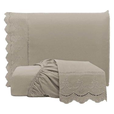 Imagem de Jogo De Lençol Realce Casal 3 Peças Percal 300 Fios Bordado Inglês Macio - Fendi - 100% Poliéster
