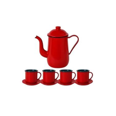 Imagem de Bule Café Esmaltado 1,25L E 4 Xícaras De Café 4,5ml Vermelho - Metallo