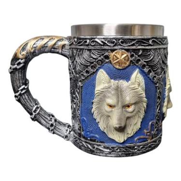 Imagem de Caneca Medieval Artesanal Lobo Got Geek 3D em Resina Copo em Aço Inox 