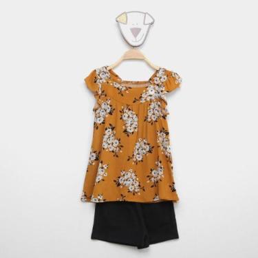 Imagem de Conjunto Infantil Milon Blusa Babados Flores + Short Menina, Amarelo, 