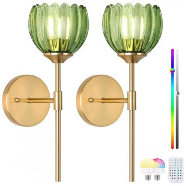Imagem de Rnzziw Conjunto de 2 Arandelas Vintage Recarregáveis com Lâmpadas RGB Dimerizáveis e Controle Remoto - Verde Tulipa 37 cm