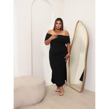 Imagem de vestido plus size longo decote Ciganinha Ombro a Ombro Cor:Pretotamanh