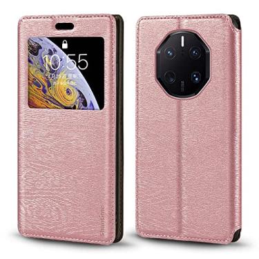 Imagem de Shantime Capa para Huawei Mate 50 RS Porsche, capa de couro de grão de madeira com suporte de cartão e janela, capa flip magnética para Huawei Mate 50 RS Porsche Design (6,7 polegadas) ouro rosa