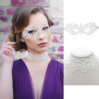 Imagem de Conjunto de máscaras de renda para mulheres SnailGarden, inclui 1 máscara de renda de deusa branca e 1 colar gargantilha de renda para festas, bailes de formatura e carnavais