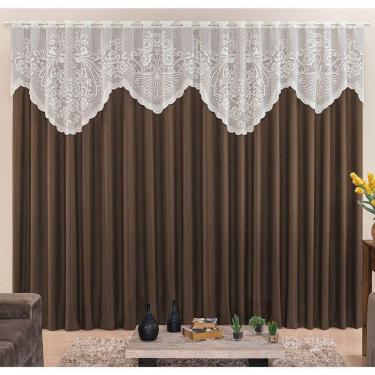 Imagem de Cortina Nicole 2 Metros Tabaco Tecido Microfibra Com Renda Floral Sala Quarto