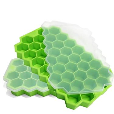 Imagem de Bandeja de cubos de gelo com tampa para geladeira - Bandeja de cubos de gelo de silicone com tampa para máquina de gelo 2 unidades pretas, colher de café em cubos de gelo reutilizável de fácil liberaç