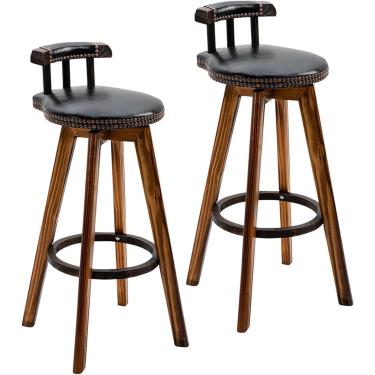 Imagem de Conjunto de bancos de bar rotativos com 2 cadeiras retrô de madeira maciça, com almofada e encosto de PU, para café da manhã em bares, cafés, restaurantes, banco alto, carga de 150 kg, preto