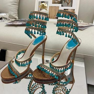 Imagem de Sandálias de cristal com diamantes cruzados para mulheres salto agulha moda slides verão feminino sapato social aberto dedo do pé
