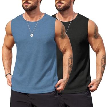 Imagem de COOFANDY Camisetas masculinas casuais de verão sem mangas camisetas de malha waffle camisetas regatas de praia, Preto/azul marinho, GG