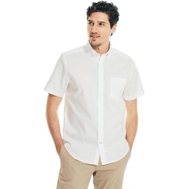 Imagem de Nautica Camisa masculina clássica de manga curta xadrez resistente a amassados, Branco, M
