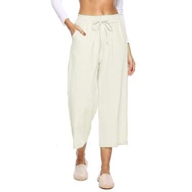 Imagem de Calça cropped de linho feminina pequena verão plus size calça de linho cintura alta leve rodada calça de praia com bolsos, Bege, M