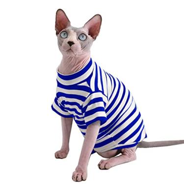 Imagem de Sphynx Camiseta de algodão de verão respirável com listras vermelhas para gatos sem pelos, colete de gola redonda camisas de gatinho sem mangas, roupas para gatos e cães pequenos (2GG (5 a 6 kg), listras azuis)