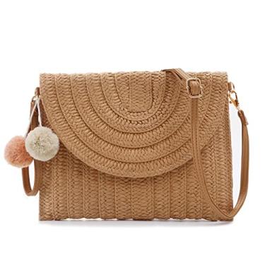 Imagem de Aphoraeny Bolsas transversais de palha para mulheres, bolsa clutch de palha, bolsa de praia, bolsa de palha, bolsa de verão, carteira envelope de palha, Caqui