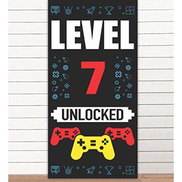 Imagem de Nível 7º Desbloqueado Happy7th Birthday Level Up Banner Pano de Fundo Foto Adereços de Cabine de Vídeo Games Tema Decoração para Meninos Meninas 7º Aniversário Lembranças Suprimentos Decorações